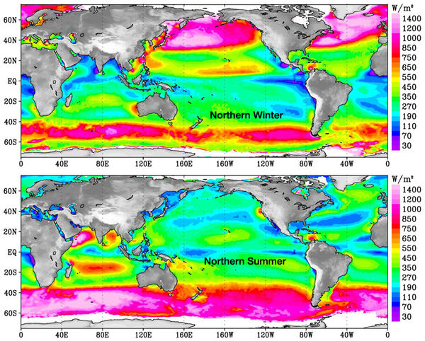 海洋風能地圖， 上圖是北半球的冬天， 下圖是北半球的夏天