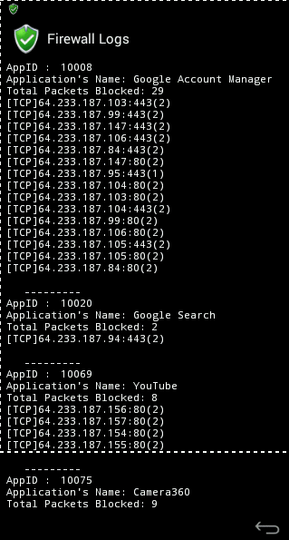在 android-x86 裡面剛開機不久後的 AFWall+ log 檔